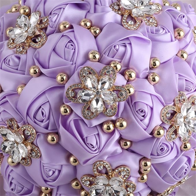 Bridal Wedding Bouquet for Bride Bridesmaid Wedding Quinceanera Throw Toss Artificial Rose Flower Bunch with Bling Brooch (66#Light Purple, Small (Dia. 7.5"/18cm))