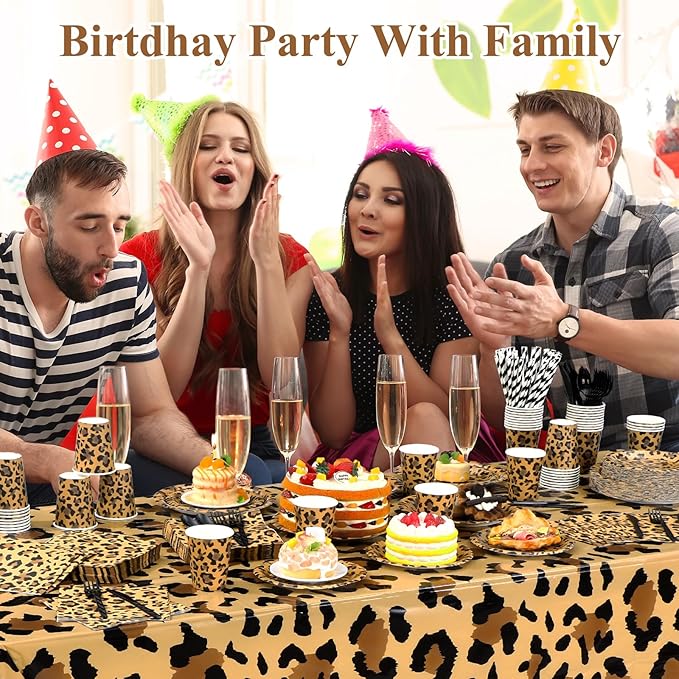 452 Pcs Leopard Print Party Decoration, Cheetah Print Paper Plates Napkins Cups Tablecloth Cutlery Straws for Jungle Safari Animal Theme Birthday Baby Shower Party Supplies Serve 50