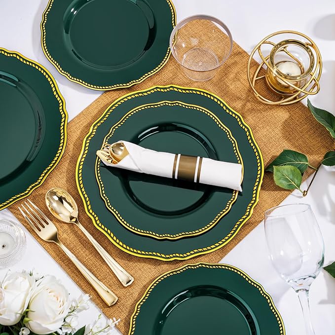 Hioasis 350pcs Green Gold Plastic Plates - Gold Plastic Dinnerware Set Includes 50 Dinner Plates, 50 Dessert Plates, 50 Gold Utensils, 50 Napkins Perfect for Wedding & Party