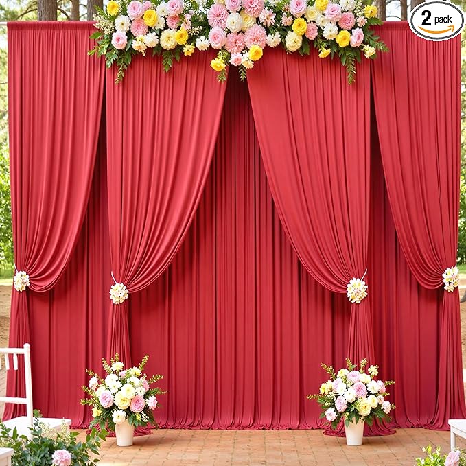 10ft x 15ft Red Wrinkle Free Backdrop Curtains for Parties,Silky Polyester Fabric Wedding Ceiling Drapes, 2 Panels 15ft Photo Back Drop Drapes for Baby Shower Photography Stage Background Cloth