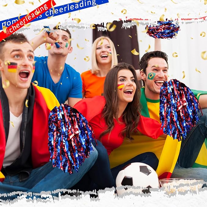 Hanaive 100Pcs Metallic Cheerleading Pom Poms with Baton Handle Cheerleader Pompom Foil 30g Cheering Squad Hand Flowers for Adults Team Spirit Sports Party Cheering