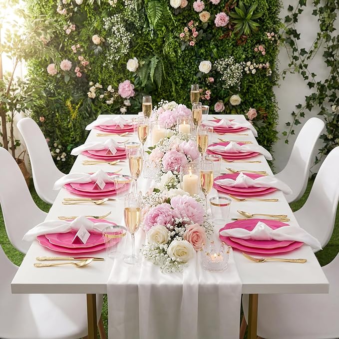 NOCCUR 175PCS Hot Pink Plastic Plates with Gold Disposable Silverware - Include 50 Hot Pink Plates,25 Knives,25 Forks,25 Spoons,25 Cups and 25 Napkins - Ideal for Party/Valentines & Galentines Day