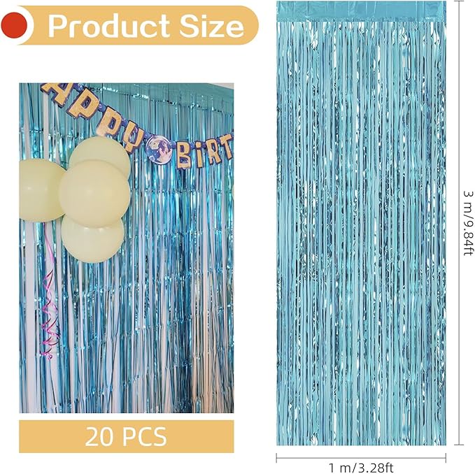 20 Pack Blue Foil Fringe Curtains 3.2ft x 9.8ft Foil Curtain Backdrop Metallic Tinsel Curtains Streamer Photo Booth Backdrop for Birthday Party Engagement Bachelorette Party Decorations