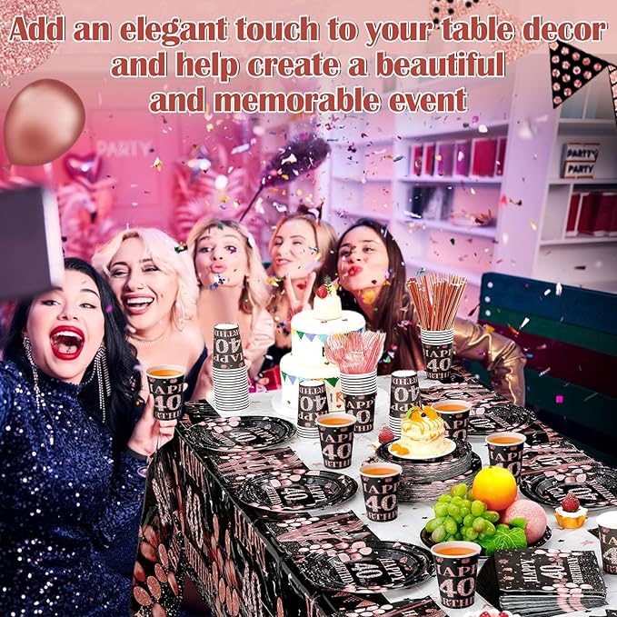452 Pcs 40th Birthday Decorations for Women Black and Rose Gold 40th Birthday Paper Plates Cups Napkins Tablecloth Cutlery Straws for Girls Women 40 Year Old Party Supplies for 50 Guests