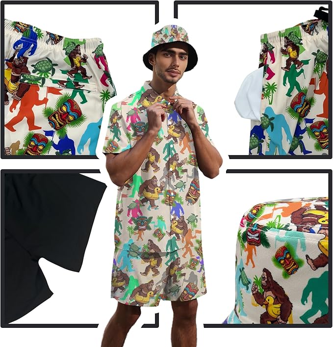Men's Hawaiian Shirt and Shorts Set 2 Piece Beach Outfits with Bucket Hats for Beach Days and Summer Vibes