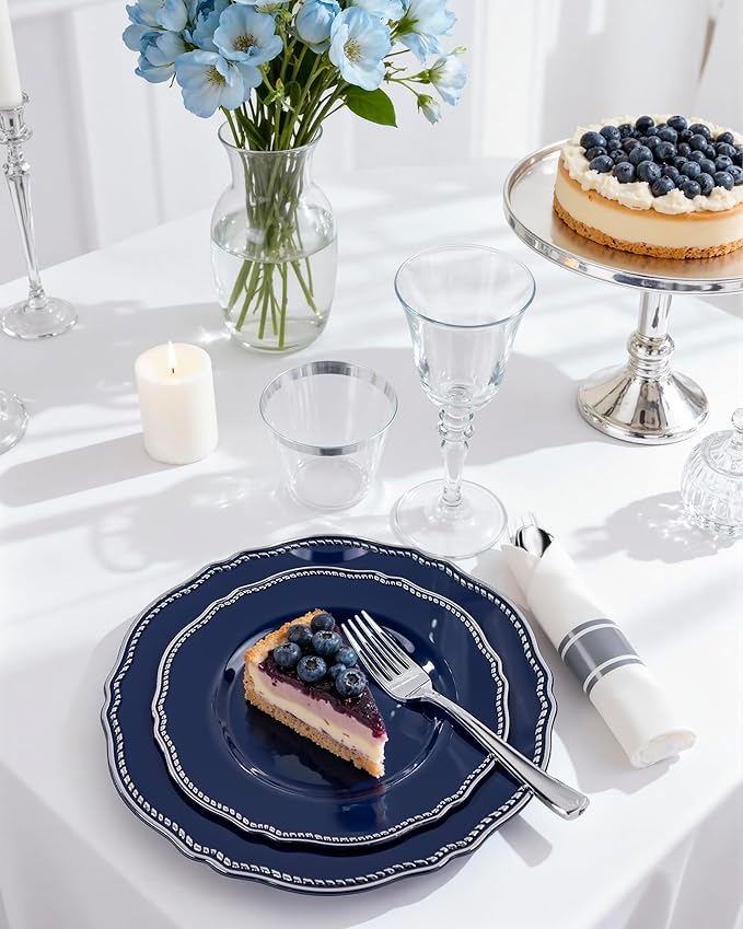 Hioasis 350pcs Blue Silver Plastic Plates - Silver Plastic Dinnerware Set Includes 50 Dinner Plates, 50 Dessert Dinnerware, 50 Cups, 50 Napkins Perfect for Wedding & Party