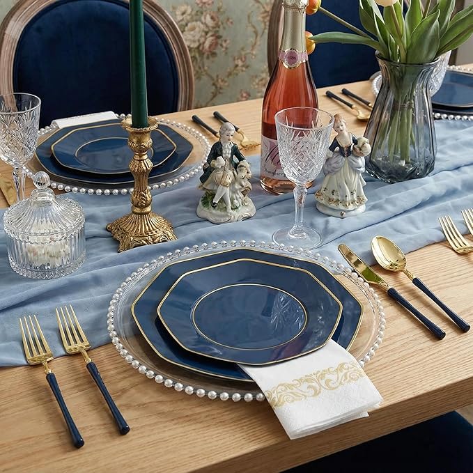 KIRE 140Pcs Blue Plastic Plates with Gold Rim - Gold Disposable Plastic Silverware with Blue Handle&Clear Cups&Hand Napkin - Geometric Party Plates for Hanukkah/Holiday/Party