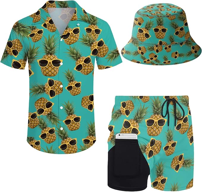 Men's Hawaiian Shirt and Shorts Set 2 Piece Beach Outfits with Bucket Hats for Beach Days and Summer Vibes