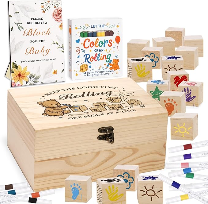 78 PCS Baby Shower Games Sign Kit for Boys Girls, Wooden Box and Sign, Blank Wooden Blocks for DIY Drawing, Markers, Baby Shower Game for Gender Reveal Activity, Baby Shower Ideas Decorations, Bear B