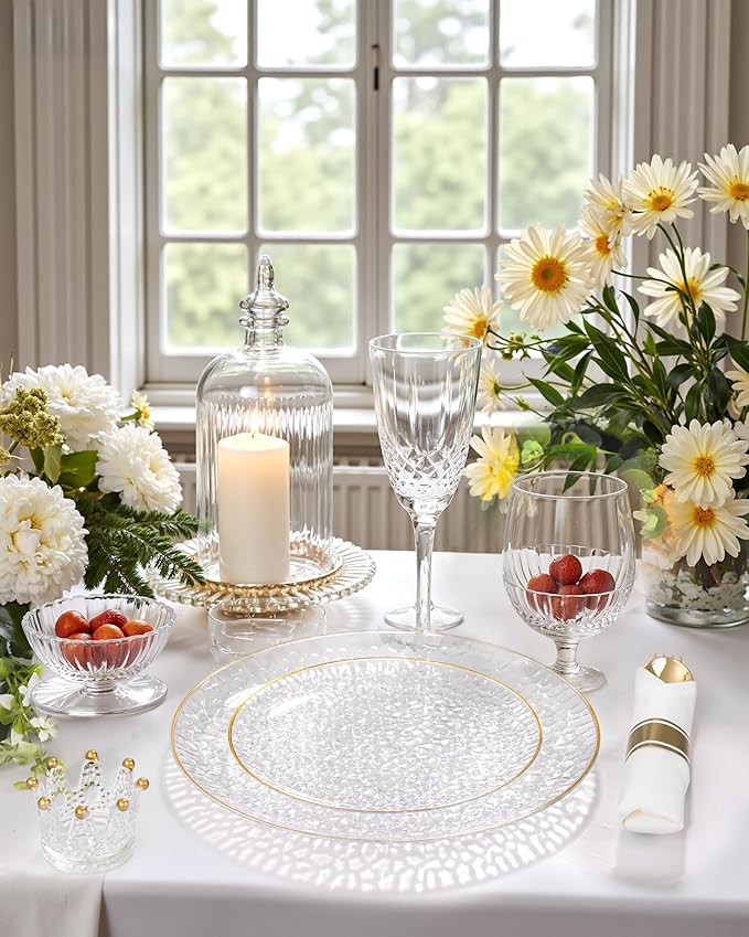 Hioasis 350pcs Clear Gold Plastic Plates - Clear Plastic Dinnerware Set Includes 50 Dinner Plate, 50 Dessert Plate, 50 Cups, 50 Napkins Perfect for Wedding & Party
