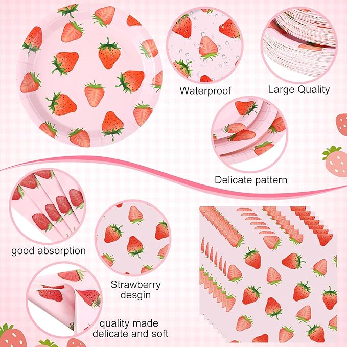 452 Pcs Strawberry Birthday Party Decorations, Strawberry Paper Plates Napkins Cups Tablecloth Cutlery Straws for Summer Fruit Theme Baby Shower Birthday Party Supplies