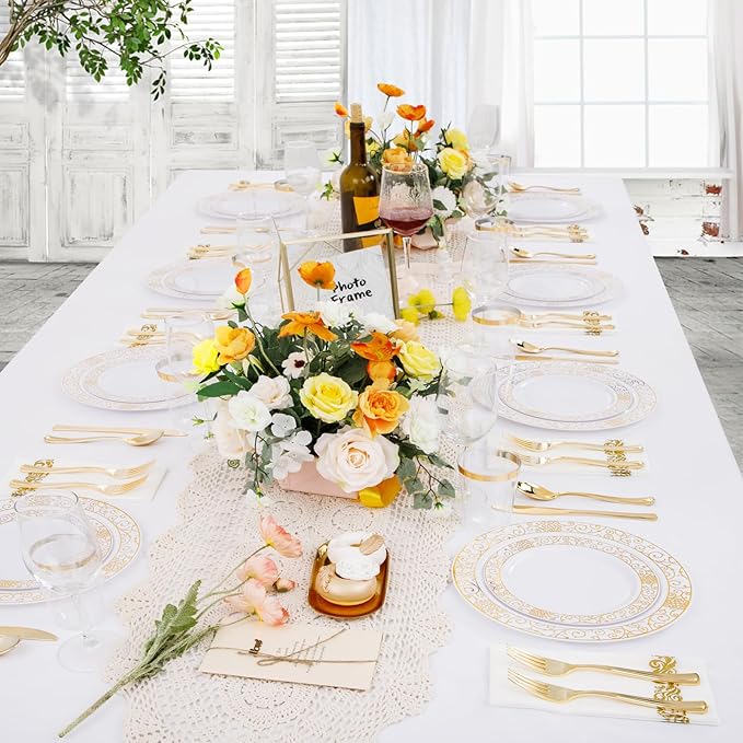 LIYH 700 Pcs Gold Plastic Dinnerware Set for 100 Guests - Plastic Plates for Party Includes Disposable Plates, Cups, Wedding Napkins and Disposable Cutlery Elegant White & Gold Design for Wedding