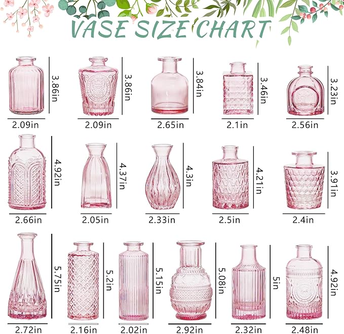 Glass Bud Vase Set of 16, Small Pink Flower Vases for Table Centerpieces in Bulk, Cute Mini Vintage Vase for Wedding, Home Decor, Table Decoration