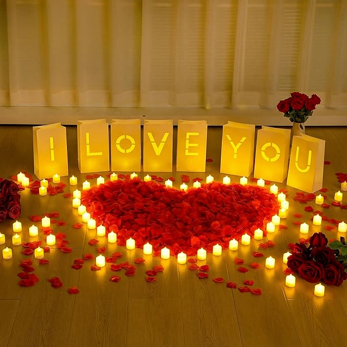 6080 Pcs I Love You Light up Letters with LED Flameless Tealight Candle Red Rose Petal Letter Luminary Paper Bag for Valentine's Day Decorations Anniversary Proposal Romantic Special Night Decor