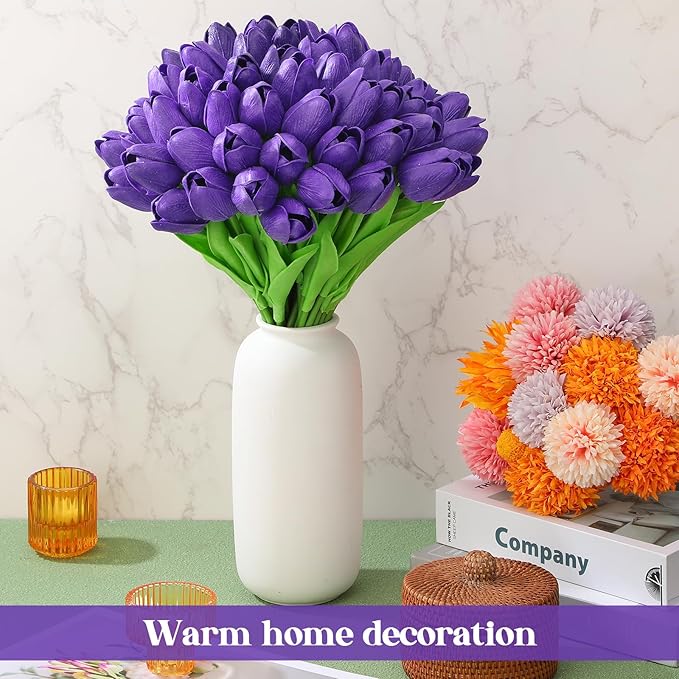 Jexine 100 Pcs Artificial Real Touch Tulips Fake Artificial Tulip Flower Bulk Bouquet with Stem for Table Centerpieces Wedding Bridal Easter Mother's Day Garden Home Decor, 13.4''(Purple)