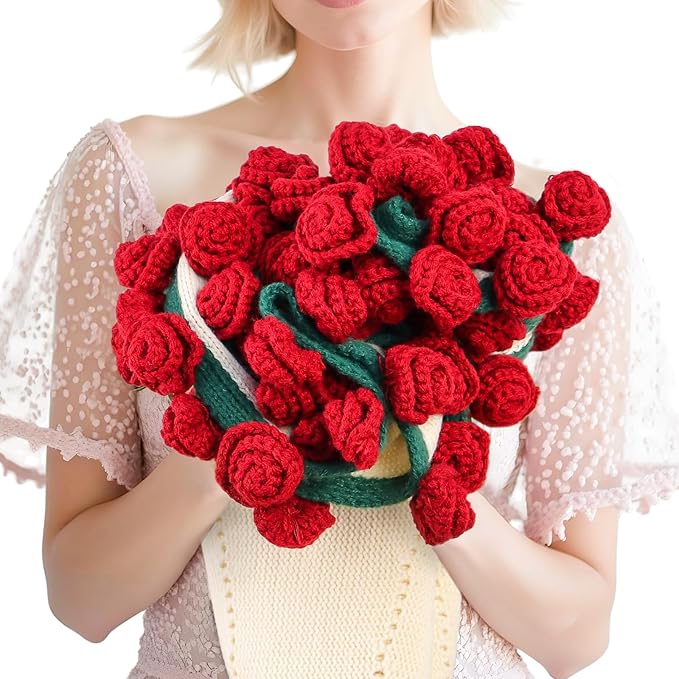 cagulax Birthday Gifts for Women Valentines Day, Rose Crochet Flowers Bouquet Blanket, Anniversary Wedding Graduation Gifts for Couples Wife Girlfriend Friends, Soft Rose Knitted Blanket 43 Inches