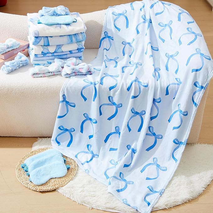 18 Pcs Sleepover Party Supplies for Girls, 6 Style Cute Blue Bow Blanket 6 Coral Fleece Spa Headband 6 Plush Blue Eye Mask Cover for Slumber Sleepover Spa Party Gift