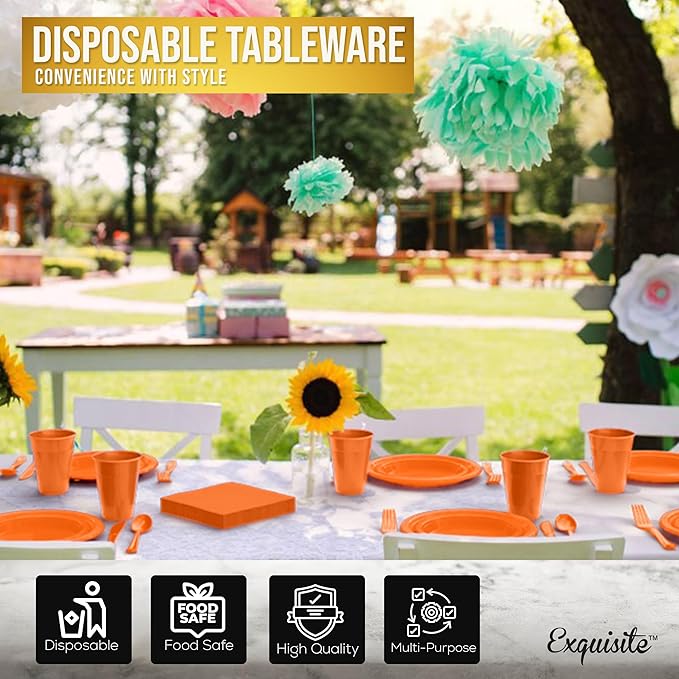 Party Solids 350 Pieces Orange Plastic Plates For Party, Orange Disposable Plates Set, 50 Of Each 9" Dinner Plate Set, 7" Dessert Plate, Cups, Napkins & Cutlery Plastic Dinnerware