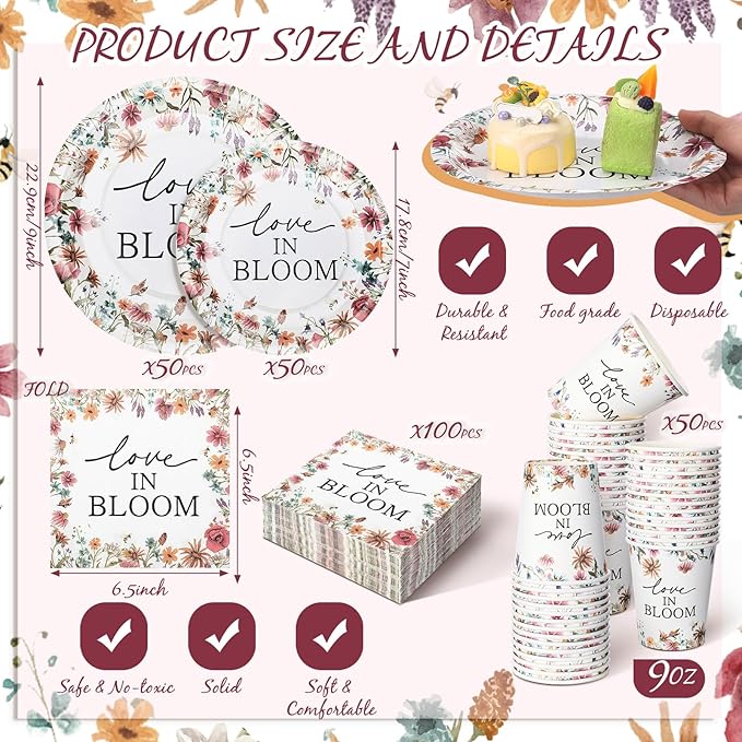 Zhehao 250 Pcs Bridal Shower Plates Napkins Sets 50 Pcs 9'' Dinner Plates 50 7'' Dessert Plate and 9oz Cups 100 Napkins Party Supplies Bridal Shower Decoration (Multicolor,Love in Bloom)