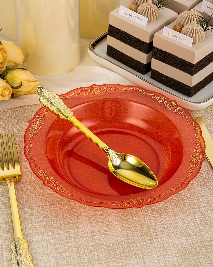 100 Pack Clear Red Plastic Bowls with Gold Rim, 12oz Plastic Salad Bowl, Disposable Bowls for Party, Dinners, Weddings, Christmas, Thanksgiving, Valentine's Day