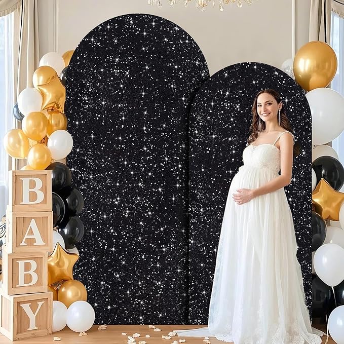 Arch Backdrop Cover Set of 2 Wedding Arch Covers 7.2FT and 6FT Black Spandex Sequin Arched Covers Stretchy Backdrops Balloon Chiara Backdrop Stand Cover for Birthday Party Bridal Baby Shower Decor