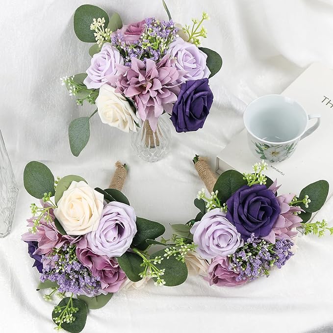 Artificial Bridesmaid Bouquets 2Pcs -7 Inch Bridesmaid Bouquets Fake Floral Silk Rose Handmade for Wedding Holding Flowers, Bridal Shower,Engagement Wedding Ceremony Anniversary - Lilac