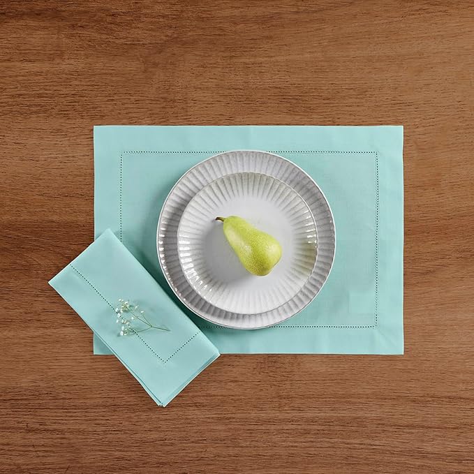 Solino Home Cotton Linen Napkins Set of 4 - Hemstitch Pastel Turquoise Dinner Napkins Cloth 20 x 20 Inch for Spring, Easter - Handcrafted and Machine Washable