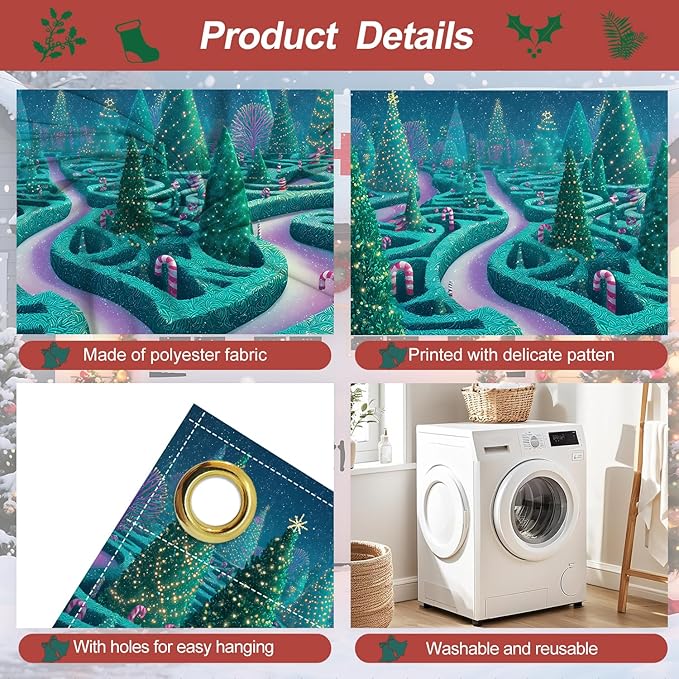 Christmas Maze with Trees Garage Door Banner 7x16FT, Winter Wonderland Holiday Scene, Outdoor Xmas Decoration for Garage Doors, Large Garage Cover for Christma