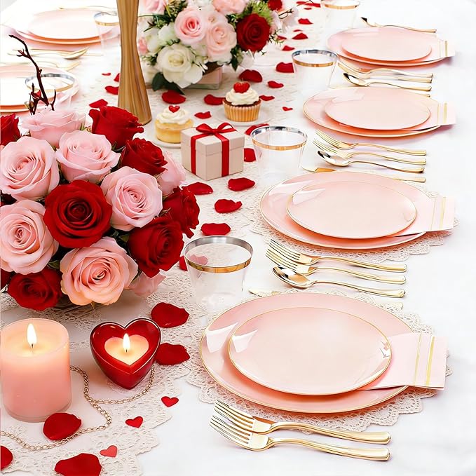 NOCCUR 350PCS Pink Plates Disposable - Pink Gold Plastic Dinnerware Set for 50 Guests Include 100 Dinner/Dessert Plates,150 Cutlery,50 Cups&50 Napkins - Ideal for Party/Wedding/Valentines Day