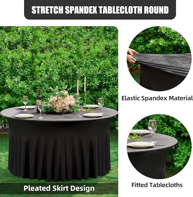 2 Pack Black Round Spandex Tablecloth 60 Inch, Wrinkle Free Stretch 120 Inch Fitted 5ft Black Table Cloths Round Table Covers with Ruffle Skirt for Graduation Wedding Party Banquet