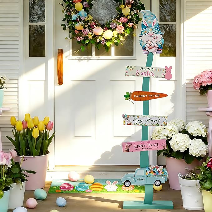 45.6" Happy Easter Welcome Wooden Porch Sign| Spring Easter Carrot Rabbit Standing Decorative Signs For Front Door Outdoor Indoor Yard Decor