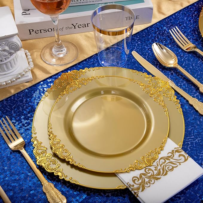 Morejoy 175PCS Solid Gold Plastic Plates with Gold Rim，gold disposable dinnerware sets Include 25 Dinner Plates,25 Dessert Plates,25 Cutlery Sets,25 Napkins Perfect for Party & Christmas