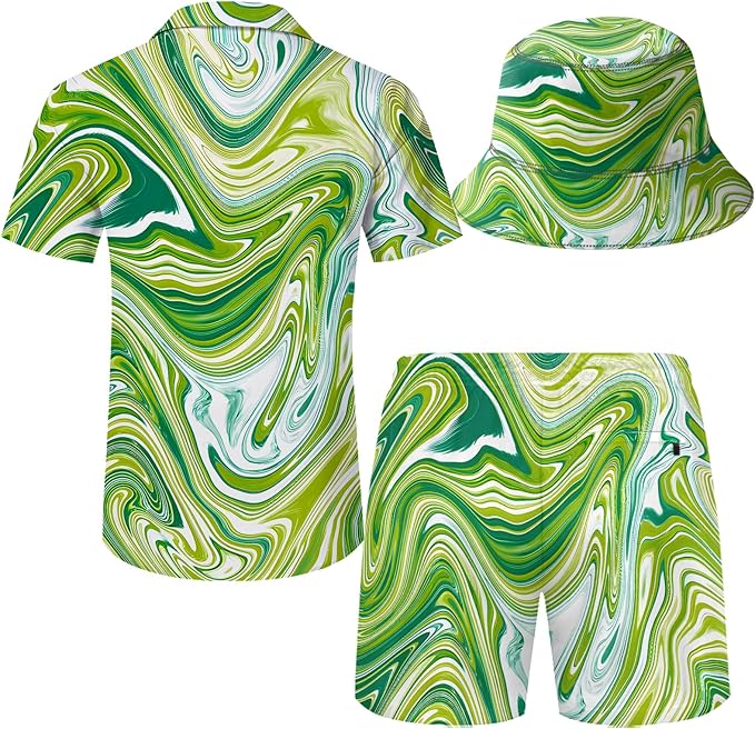 Men's Hawaiian Shirt and Shorts Set 2 Piece Beach Outfits with Bucket Hats for Beach Days and Summer Vibes