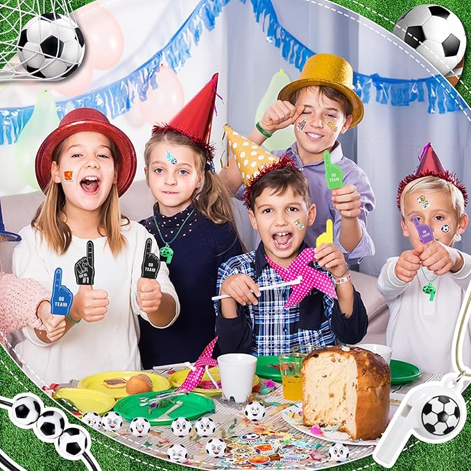 Maxdot 194 Pcs Soccer Party Favors 24 Set Soccer Goodie Foam Finger Mini Face StressBall Keychain Bracelet Wristband Whistle Sticker for Kids Birthday Party Supplies Gift