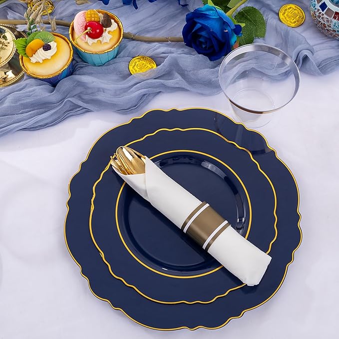 Liacere 175PCS Navy Blue Plastic Plates-Disposable Blue Gold - 25guest Baroque Plastic Dinnerware include 50Plates,25Pack Pre Rolled Napkins with Silverware 25Cups for Wedding &Father's Day&New Year