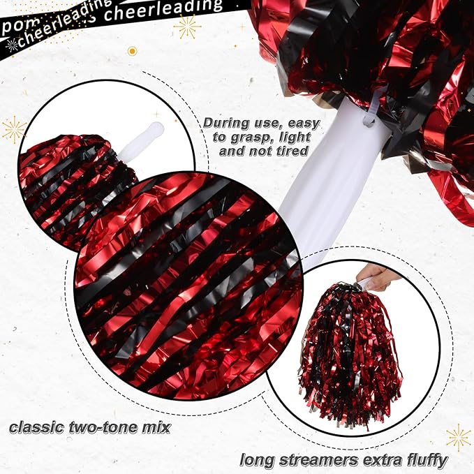 Hanaive 100Pcs Metallic Cheerleading Pom Poms with Baton Handle Cheerleader Pompom Foil 30g Cheering Squad Hand Flowers for Adults Team Spirit Sports Party Cheering