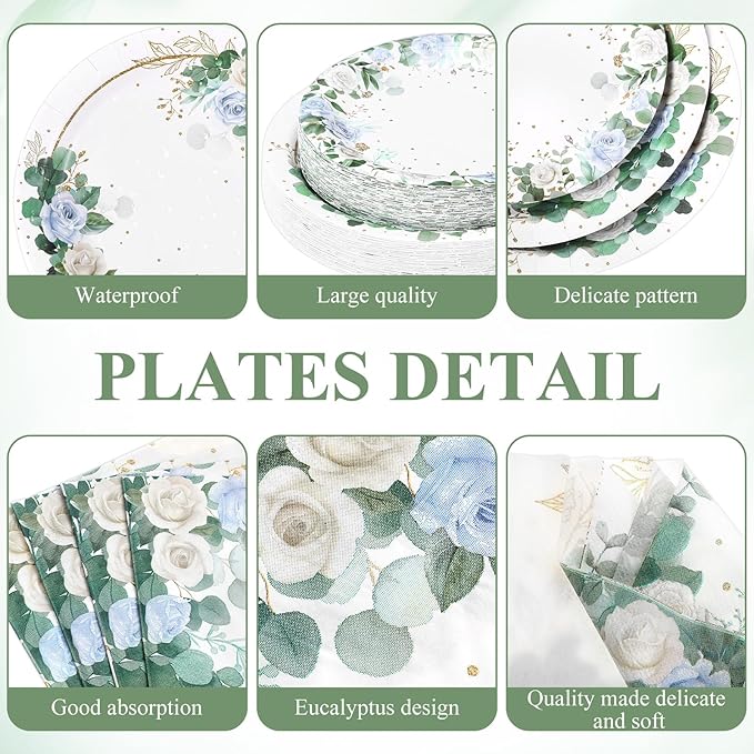 400 Pcs Sage Green Color Party Supplies Serve 50 Guests Eucalyptus Flowers Disposable Paper Plates Napkins and Cups for Bridal Baby Shower Birthday Wedding Party Decorations (Chic)