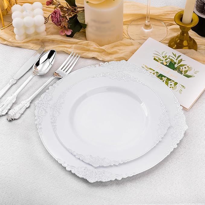 100 PCS White and Silver Plastic Plates for 50 Guests, Rose Gold Disposable Plates Include 50 PCS Dinner Plates, 50 PCS Dessert Plates for Party, Wedding and Baby Shower