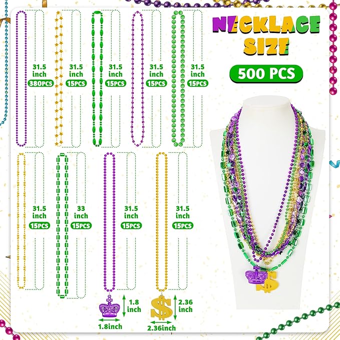 500 Pcs Mardi Gras Beads Necklace Bulk, Purple Gold Green Beads Necklaces Assortment for Carnival Decor, 9 Styles Metallic Mardi Gras Necklaces for Carnival Parade Throws Carnival Costume Party