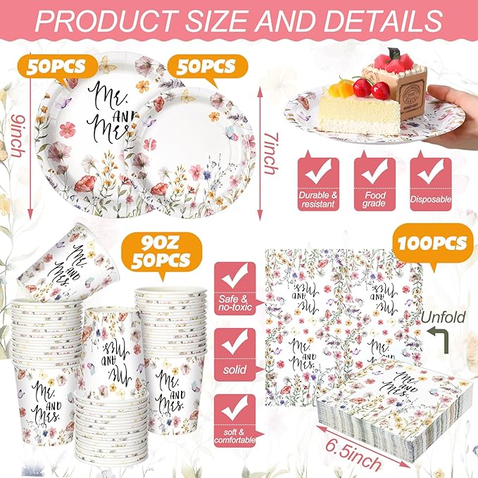 Zhehao 250 Pcs Mr. and Mrs. Bridal Shower Plates Napkins Sets 50 Pcs 9'' Dinner Plates and 7'' Dessert Plate and 9oz Cups 100 Napkins Serves 50 Party Supplies Bridal Shower Engagement Decoration