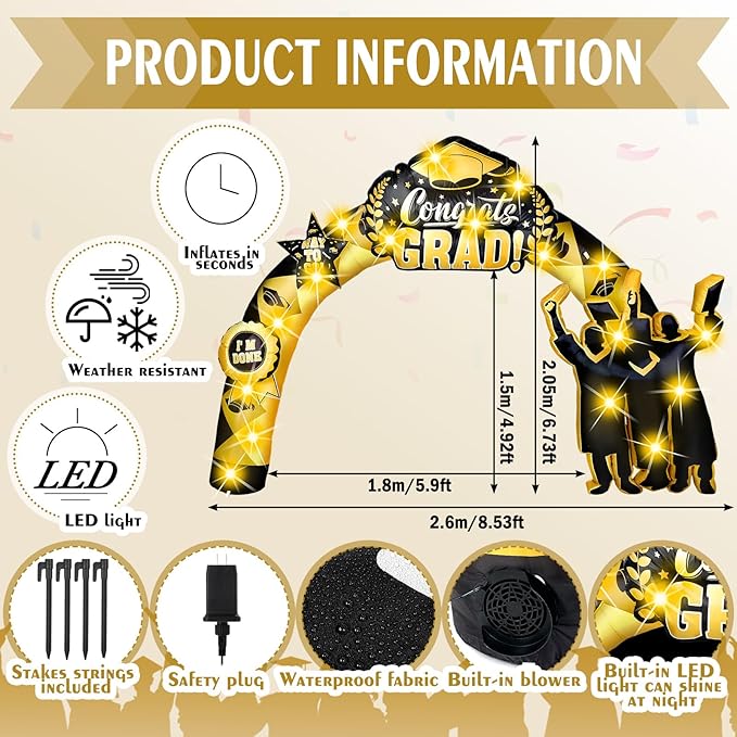 Vihose 7 Ft Tall Graduation Blow Up Arch Decorations Congrats Grad Inflatables Jumbo Black Gold Decorations Cap Gown Diploma LED Lights for Preschool High School College Prom Party Decor