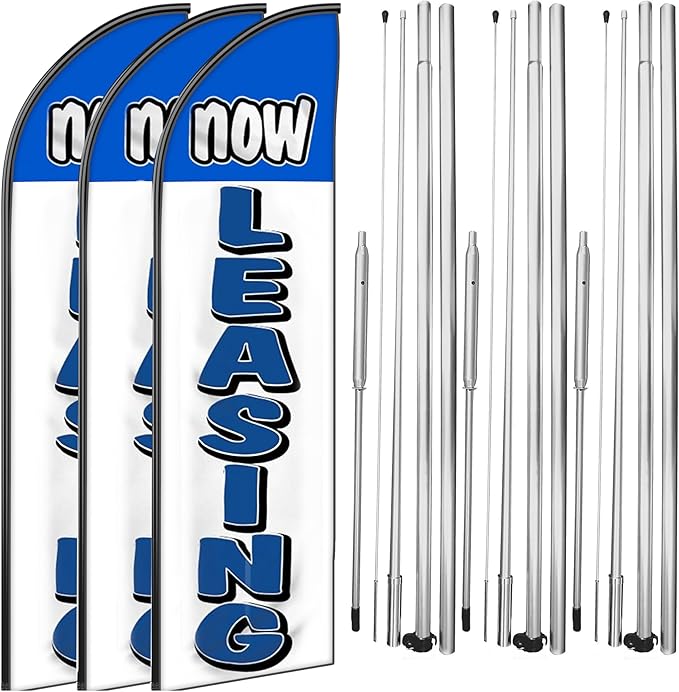 OnPoint Wares Now Leasing King Feather Flag Kit - 3 Pack, 2.5 ft x 12 ft, Blue & White, Leasing Promotion, Outdoor Advertising, Property Promotion