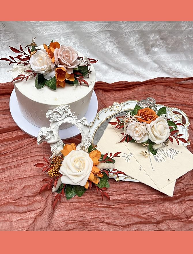 CherishedMoments 3Pcs Cake Topper Set, Artificial Flowers Decor Red Orange Cake Topper Decorations for Ceremony, Anniversary, Fall Vintage Wedding