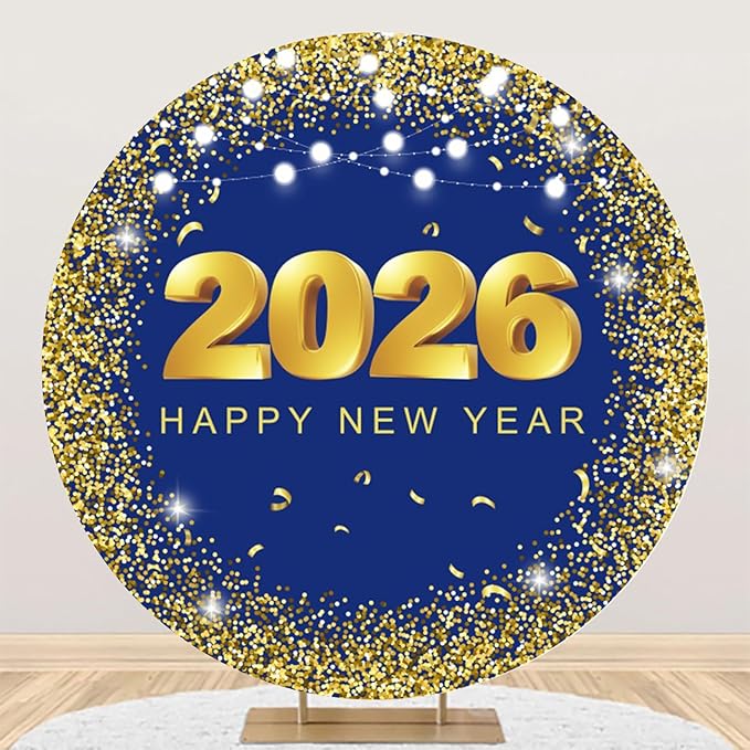 YongFoto 2026 Happy New Year Round Backdrop Cover 6ft Gold Blue Photography Background Merry Christmas Xmas Eve New Year's Night Festival Carnival Family Celebration Party Banquet Decor Banner