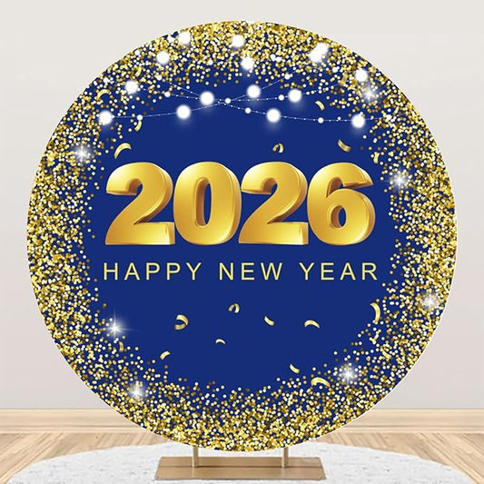 YongFoto 2026 Happy New Year Round Backdrop Cover 6.5ft Gold Blue Photography Background Merry Christmas Xmas Eve New Year's Night Festival Carnival Family Celebration Party Banquet Decor Banner