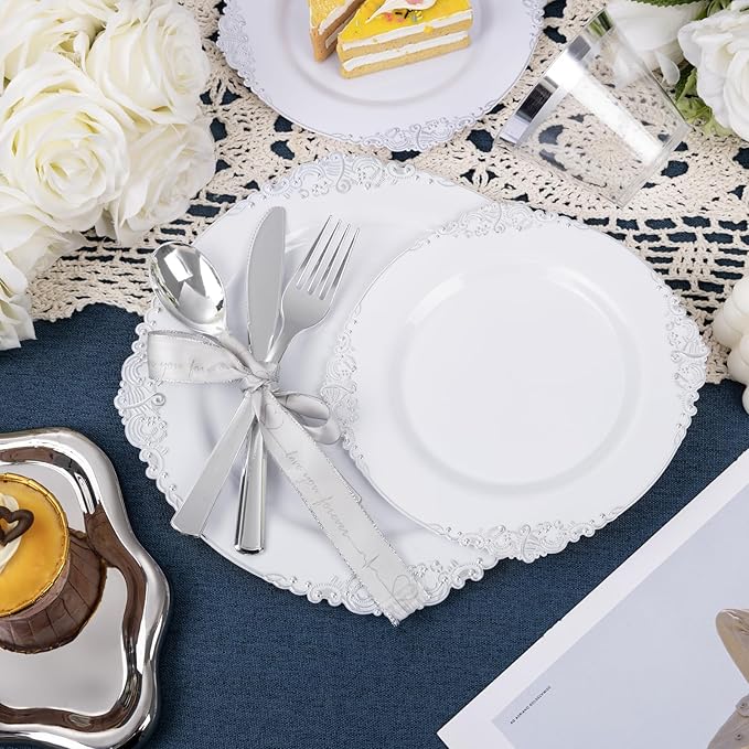 YOUBET 600PCS Silver Plastic Plates - White and Silver Disposable Plates - Silvery Plastic Dinnerware Set - Include 200 Plates, 300 Heavy Duty Silverware, 100 Cups for Wedding & Party
