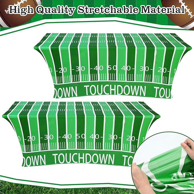 Oudain 2 Pcs Football Stretch Table Cover 6 Feet Football Spandex Table Clothes Sport Theme Party Decorations for Holiday Party Celebration Picnic Dinner Decor