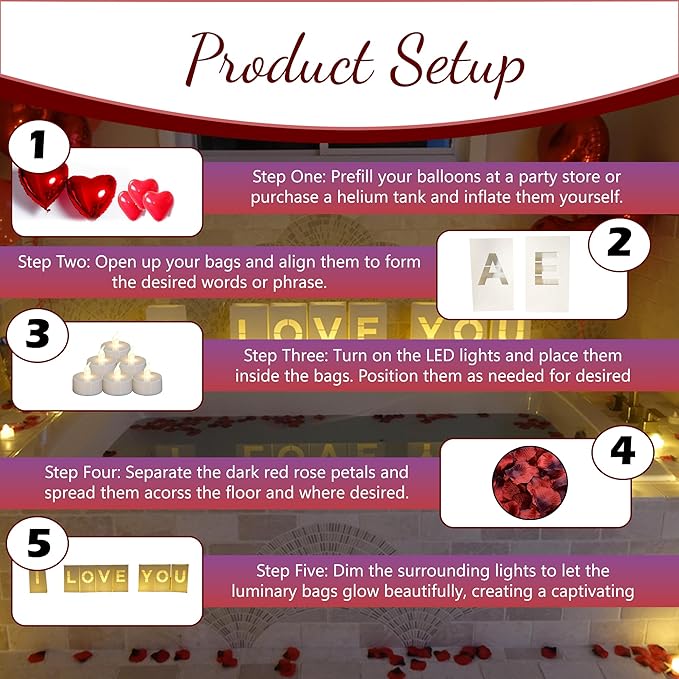 Will You Marry Me? Luminary Bags with LED Tea Light Candles, Balloons, and Rose Petals – Romantic Decorations for Proposals, Anniversaries, and Special Moments