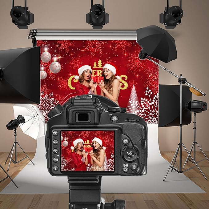 Baocicco 10x7ft Merry Christmas Photo Background Red Gold Xmas Winter Festival Snowfalke Baubles Backdrop Photography Family Holiday Party Banner New Year Photo Booth Background Party Decorations