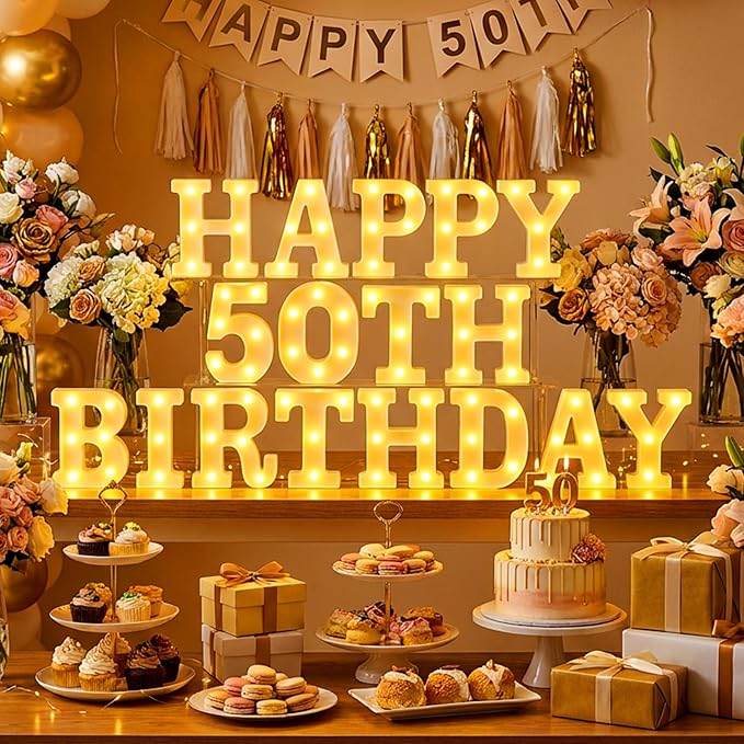 Honoson 17 Pcs 50th Birthday Party Decoration Happy 50th Birthday Light up Table Sign 6.42 Inch LED Neon Marquee Lights for Room Table Wall Decoration Party Supplies